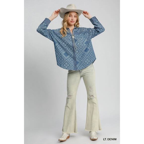 Umgee Paisley Pattern Long Sleeves Buttoned Relaxed Fit Light Denim Shirt Jacket - Picture 7 of 7